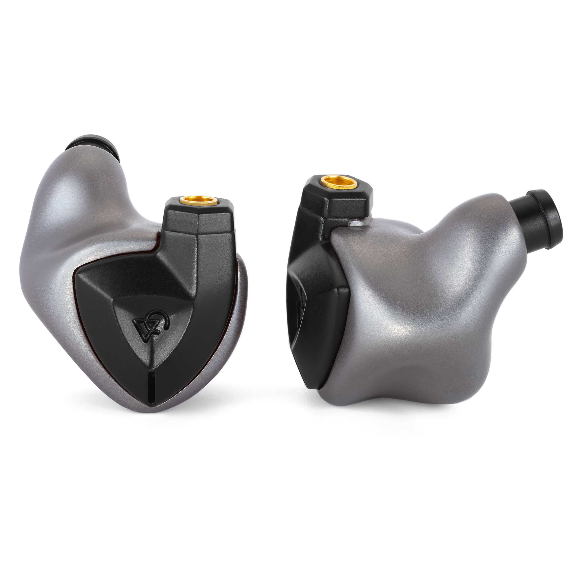 Close-up of Campfire Clara Titanium Launch Edition IEM in metallic gray with black accents on white background