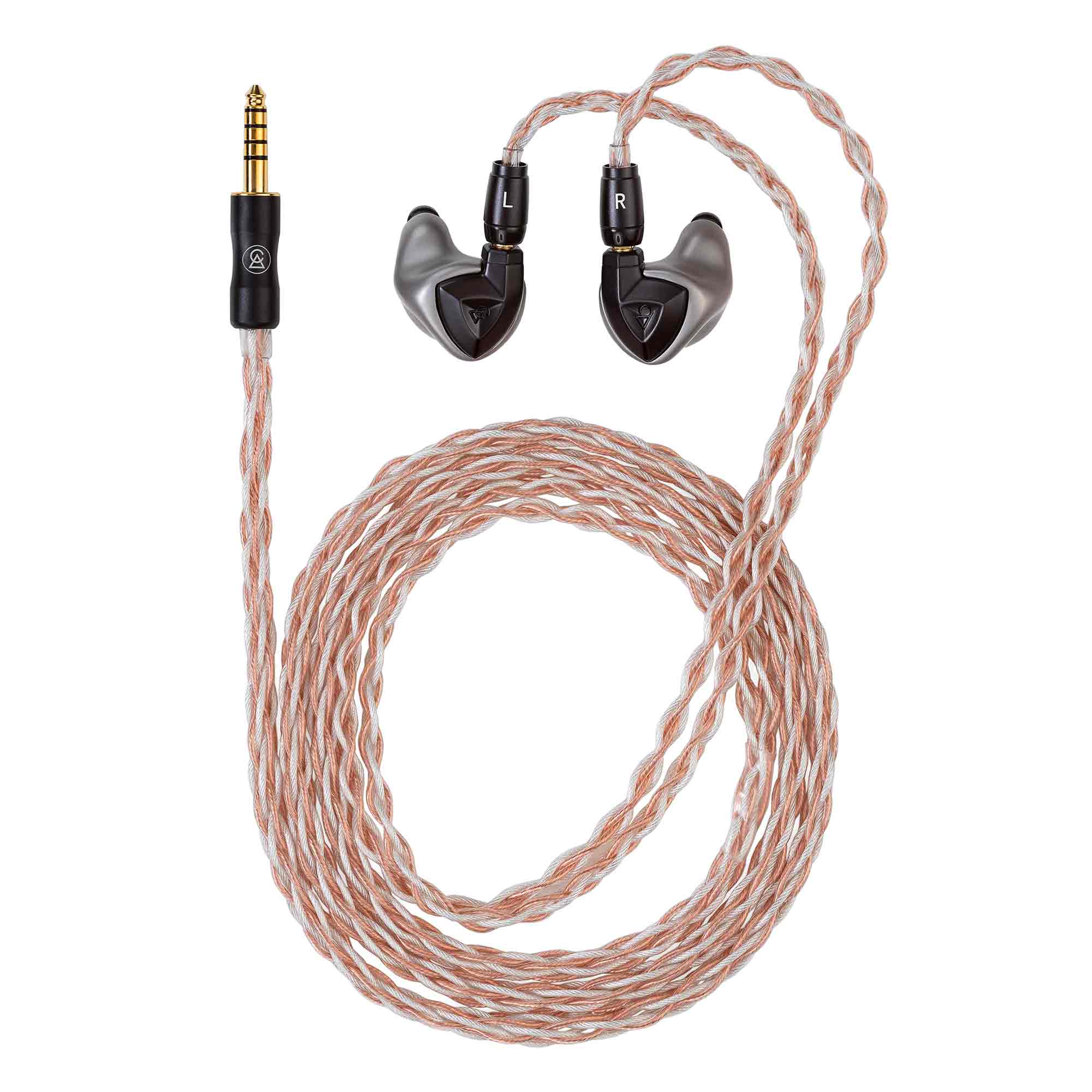 Campfire Clara Titanium Launch Edition IEM with braided cable and black earpieces viewed from above on white background