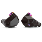 Campfire Fathom in ear monitors with black geometric design and purple accents on white background