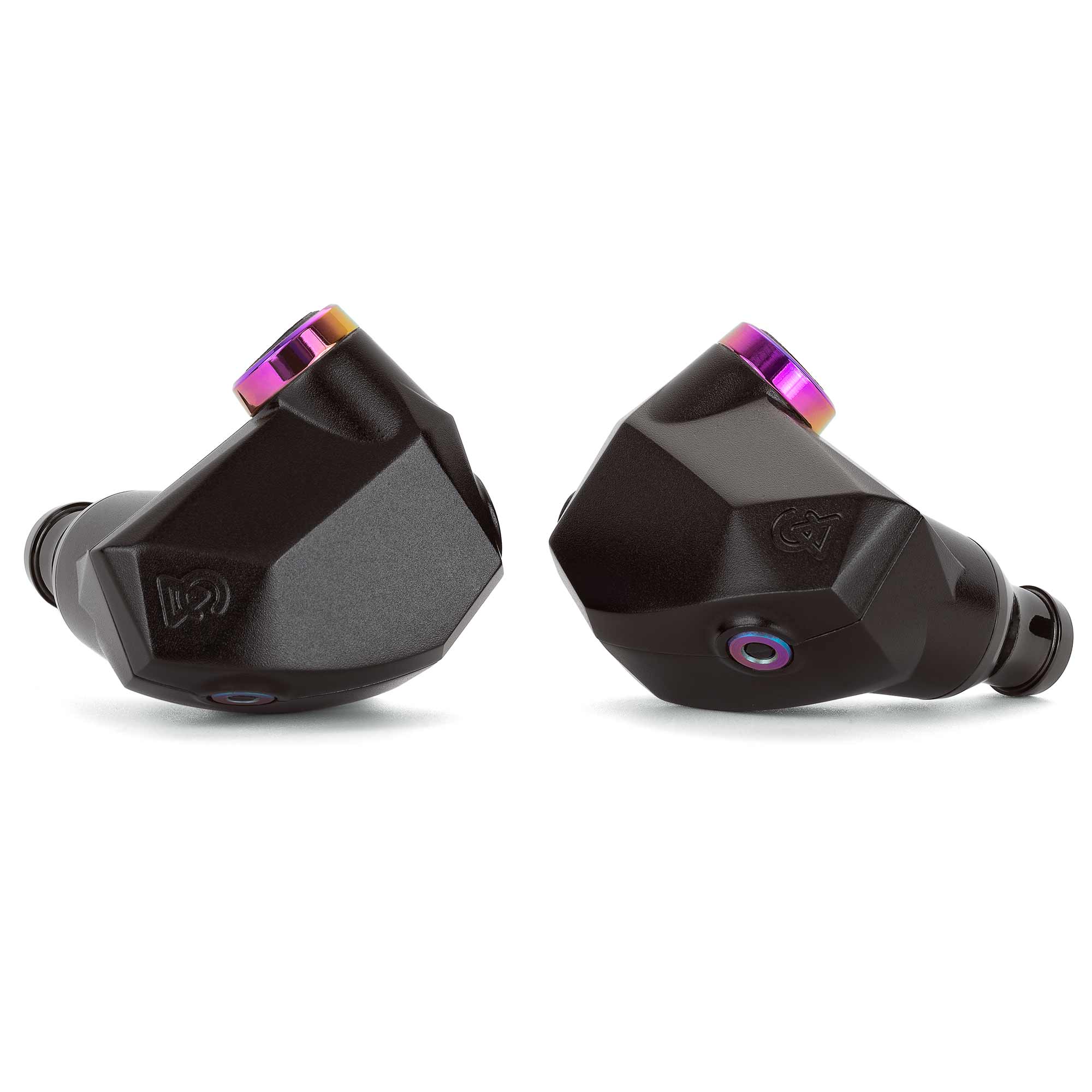 Campfire Fathom in ear monitors with black geometric design and purple accents on white background