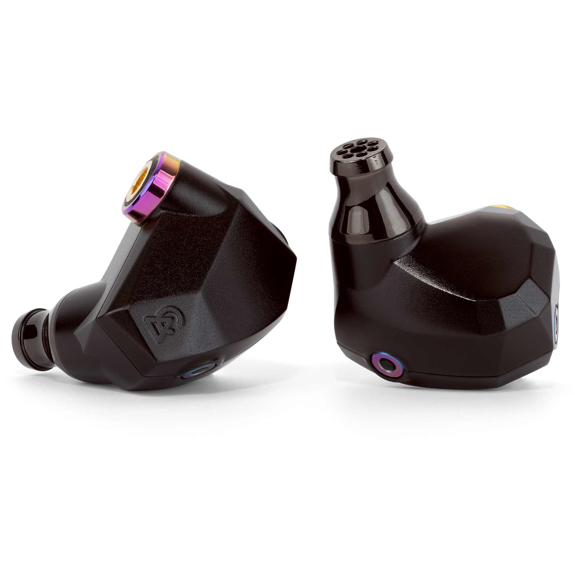 Close-up of black Campfire Fathom in ear monitors with geometric design and purple accent on white background