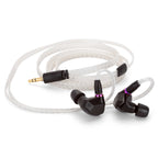 Campfire Fathom in-ear monitors with ergonomic black shells and clear braided cable on white background
