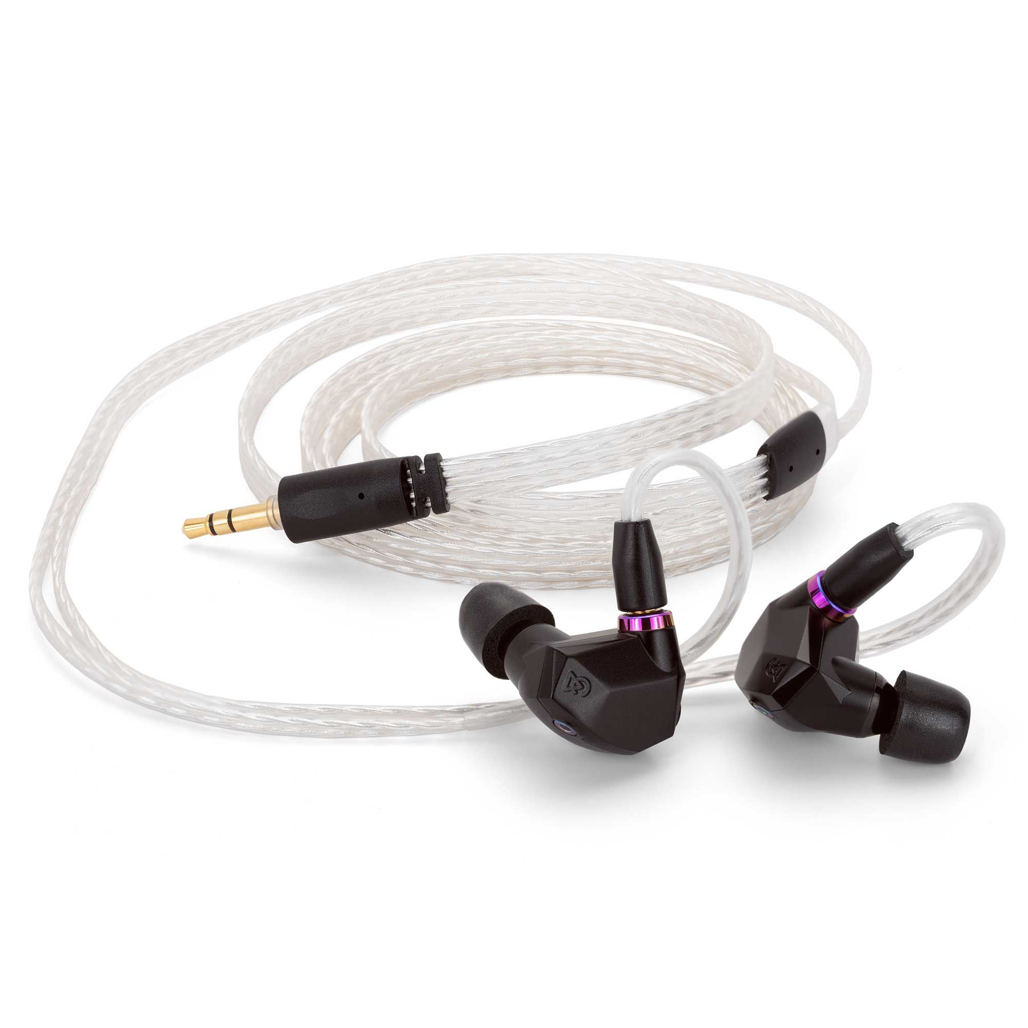 Campfire Fathom in-ear monitors with ergonomic black shells and clear braided cable on white background