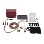 Campfire Grand Luna In-Ear Monitors with braided cable, multiple ear tips, cleaning tool, cloth, and carrying case on white background