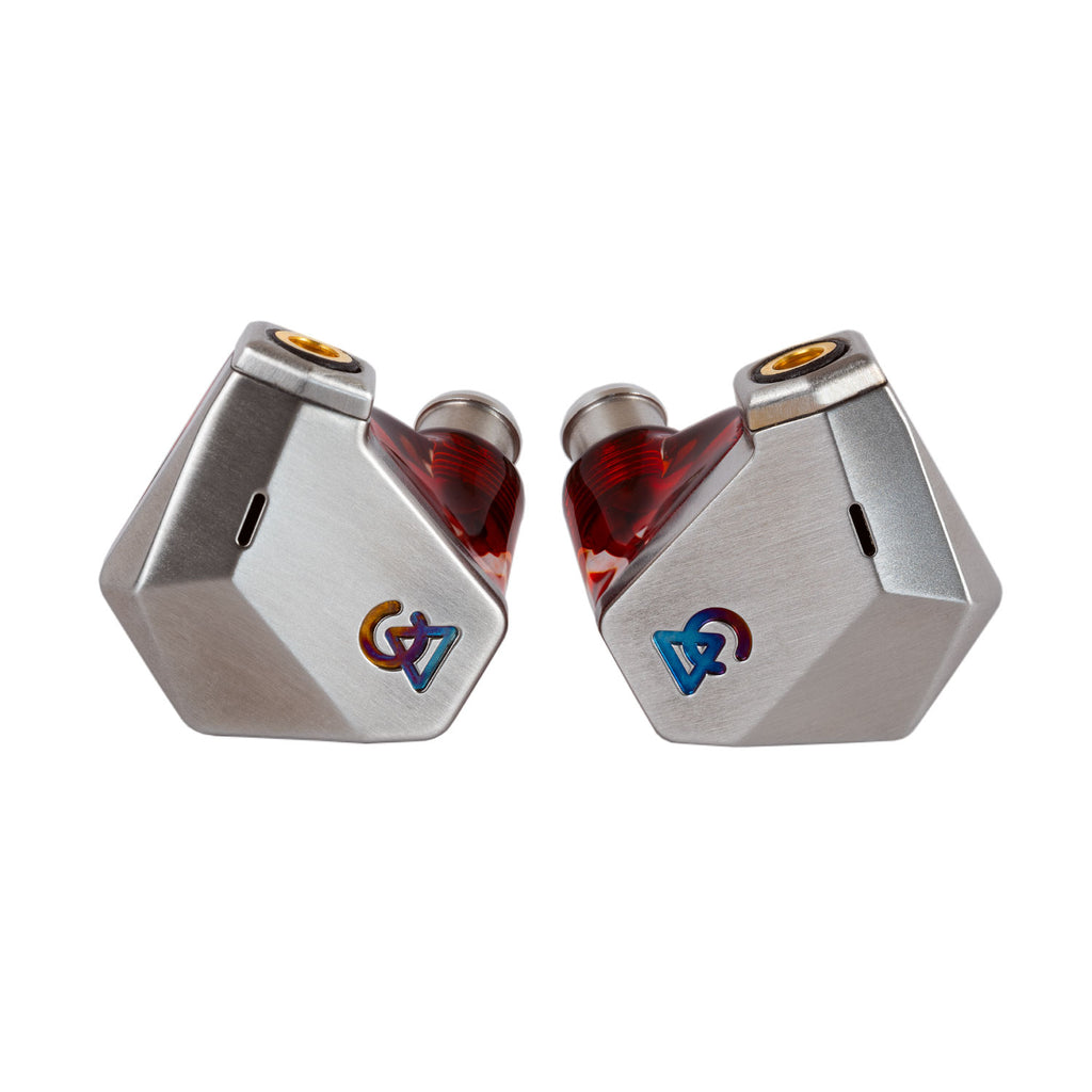 Campfire Grand Luna In-Ear Monitors with metal faceplates and red translucent bodies on white background