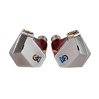 Campfire Grand Luna In-Ear Monitors with metal faceplates and red translucent bodies on white background