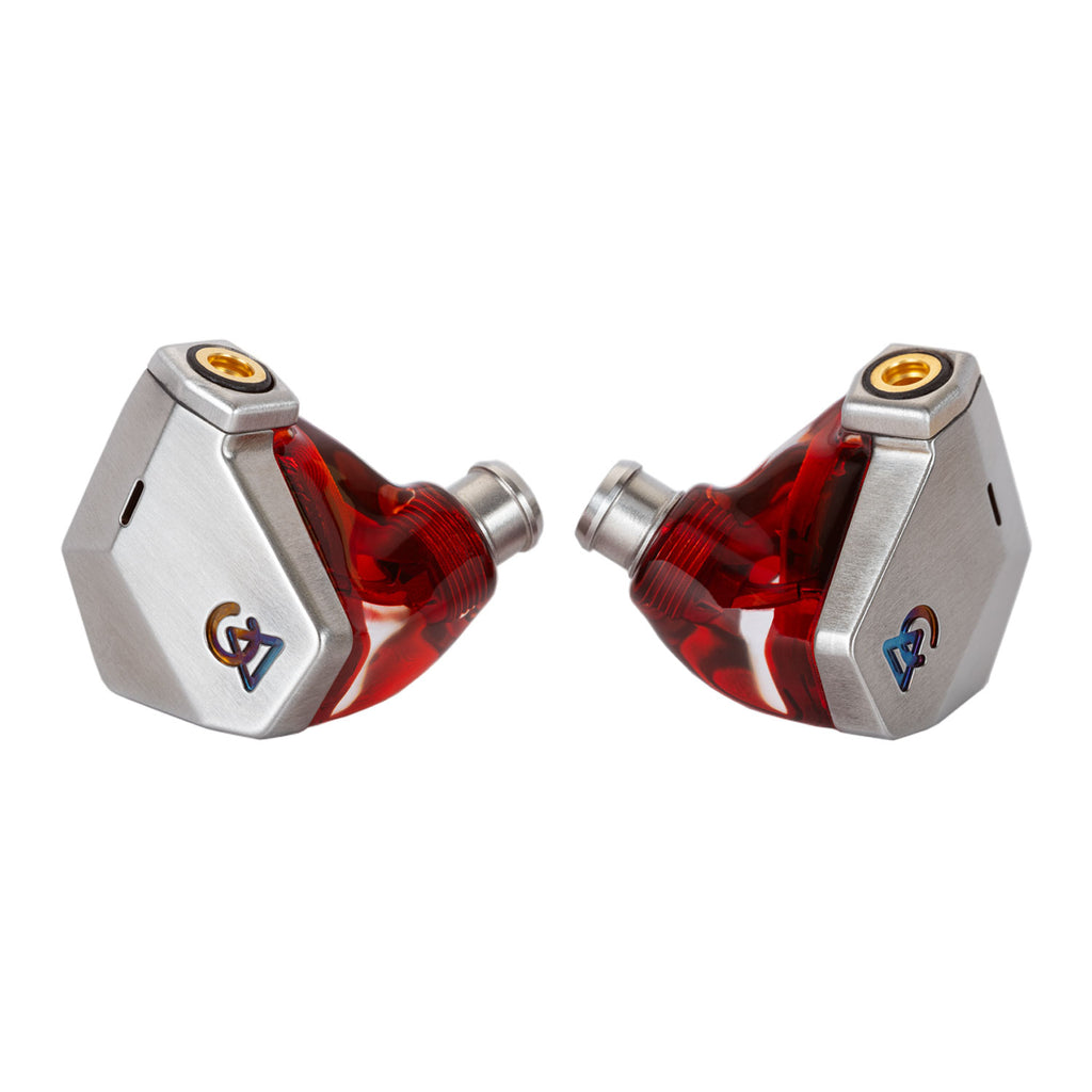 Campfire Grand Luna In-Ear Monitors with red translucent shell and silver faceplates on white background