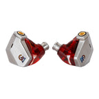 Campfire Grand Luna In-Ear Monitors with red translucent shell and silver faceplates on white background