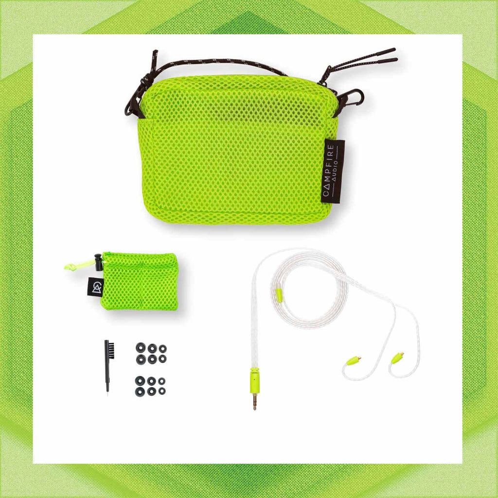 Campfire Ponderosa accessories including lime green carrying case, cleaning brush, ear tips, and white cable on white background