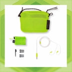 Campfire Ponderosa accessories including lime green carrying case, cleaning brush, ear tips, and white cable on white background