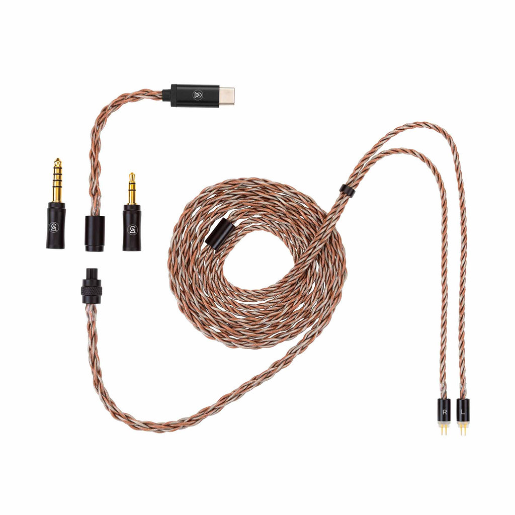 Campfire Time Link Interchangeable IEM Cable with braided wire and three swappable connectors on white background