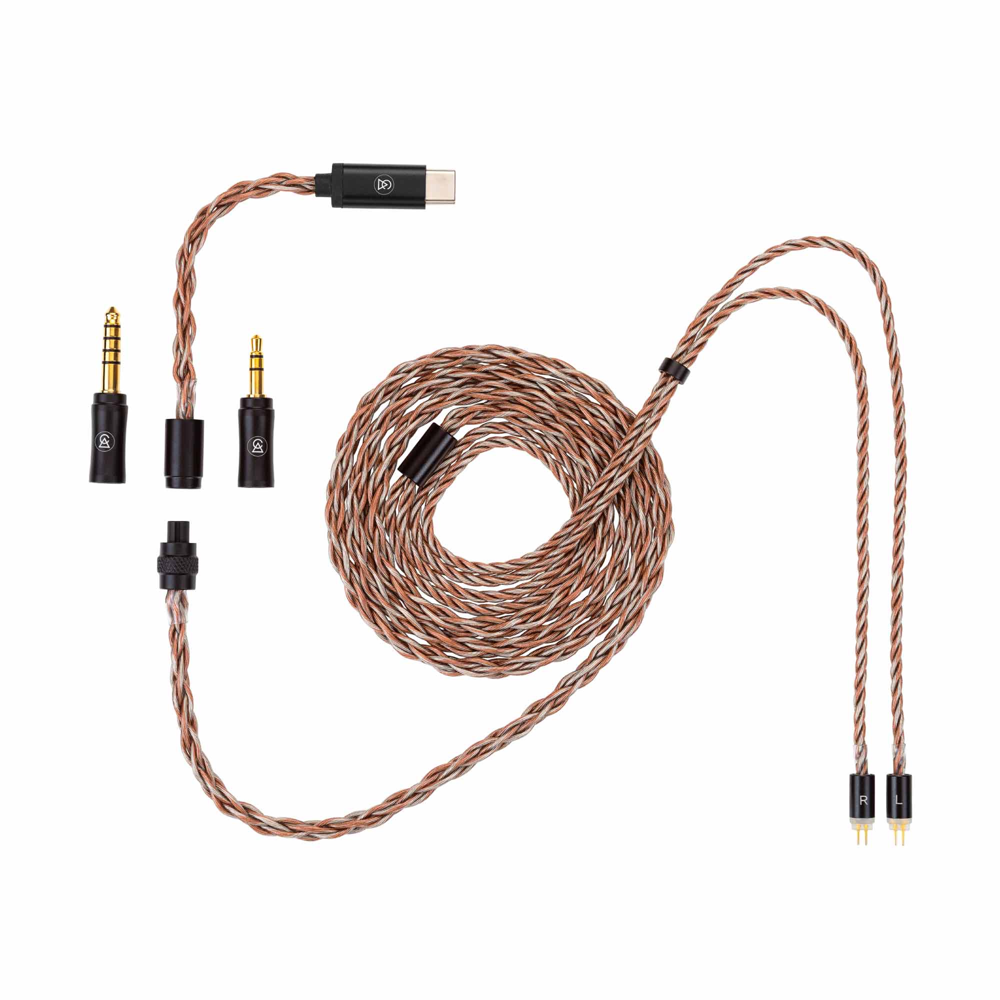 Campfire Time Link Interchangeable IEM Cable with braided wire and three swappable connectors on white background