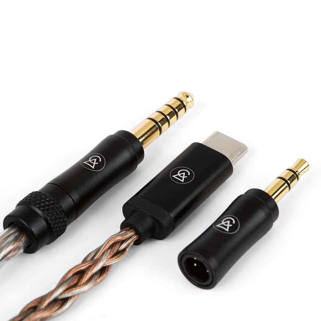 Close-up of Campfire Time Link Interchangeable IEM Cable with gold connectors and USB-C adapter on white background