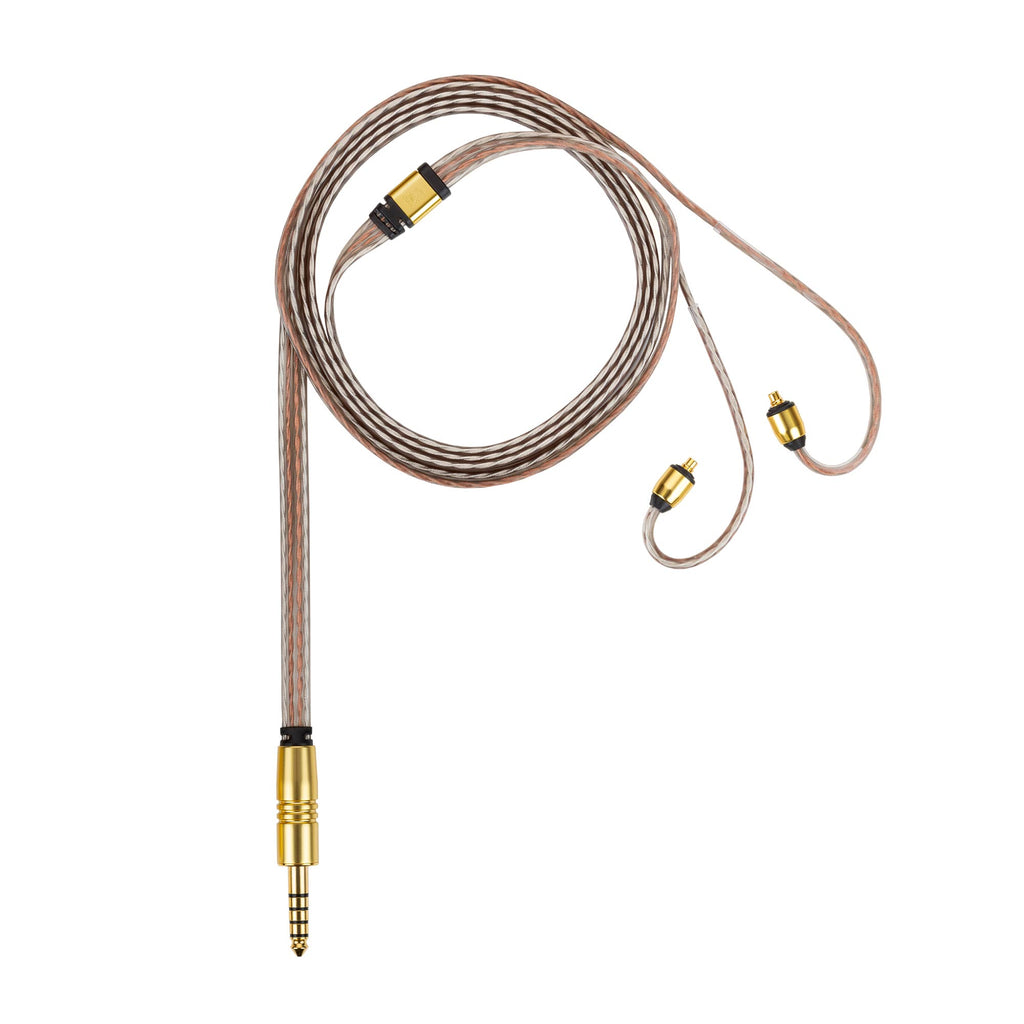 Campfire Time Stream Duet Copper IEM Cable with MMCX connectors and gold-plated 3.5mm plug on white background