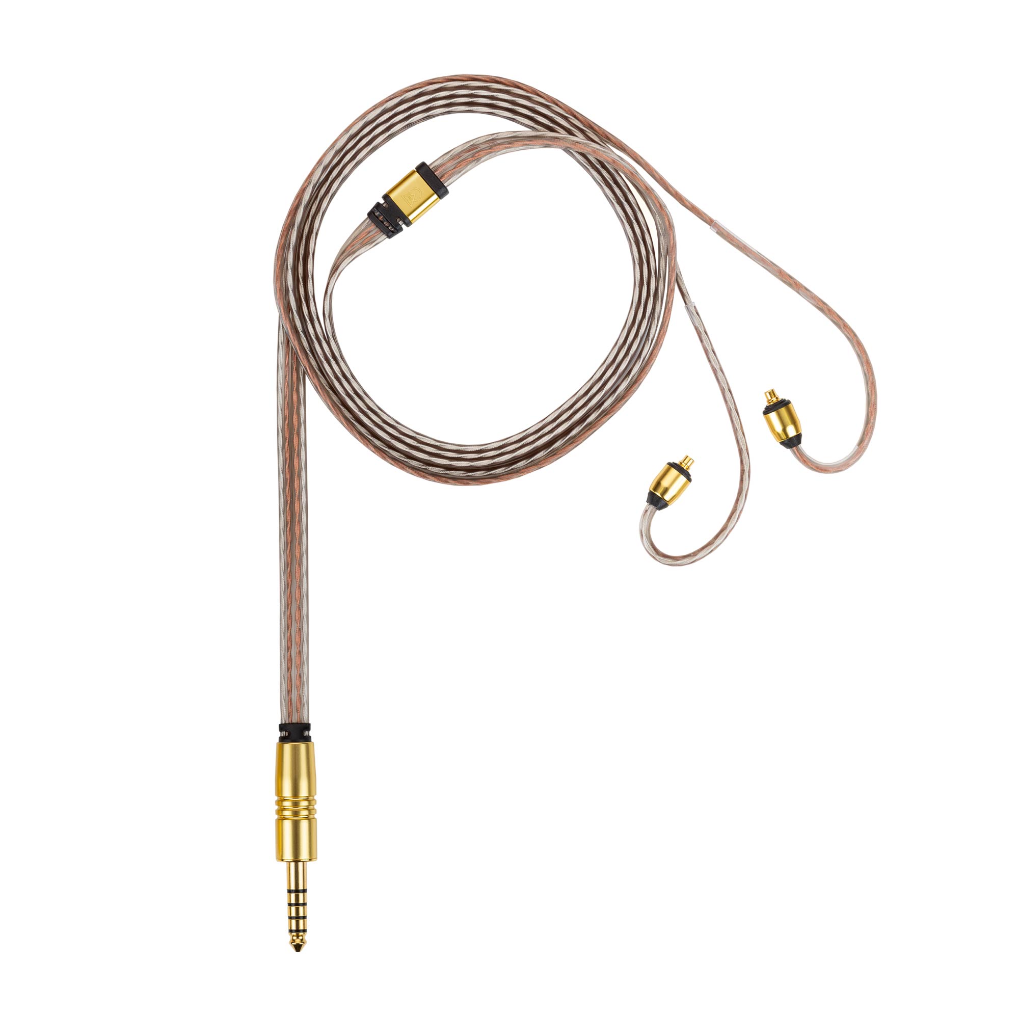 Campfire Time Stream Duet Copper IEM Cable with MMCX connectors and gold-plated 3.5mm plug on white background