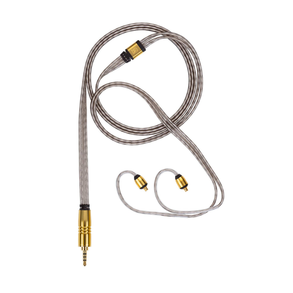Campfire Time Stream Silver IEM Cable with gold MMCX connectors and 3.5mm single-ended jack on white background