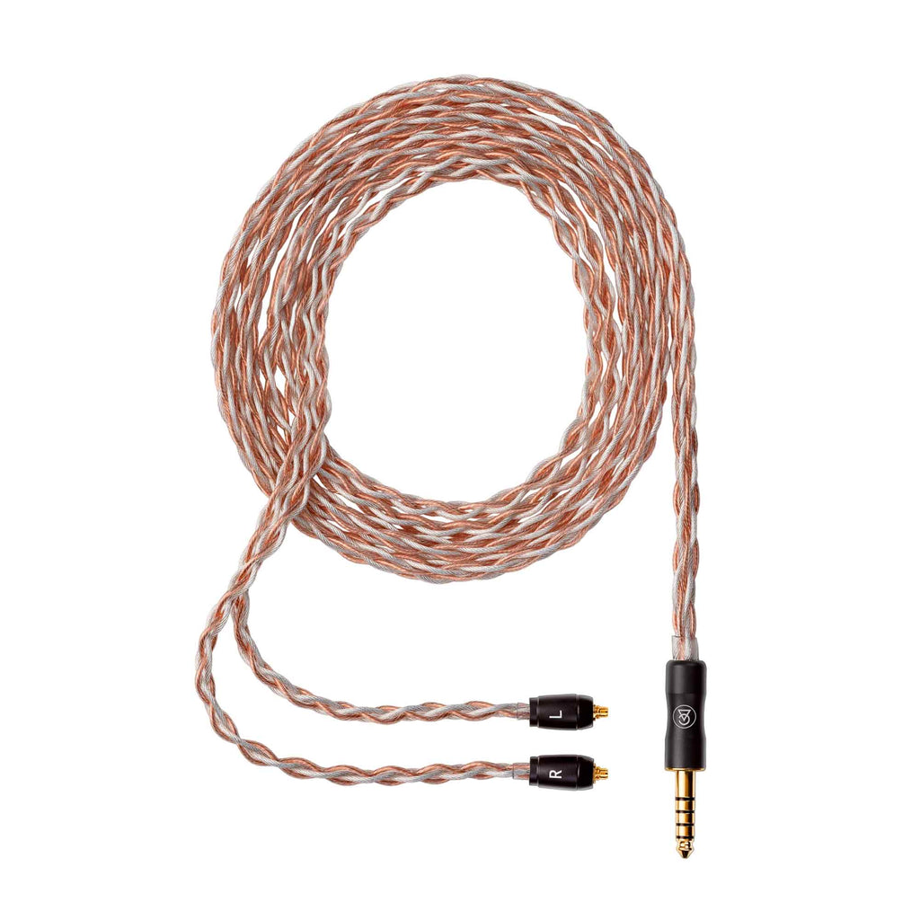 Campfire Time Stream Ultra IEM Cable coiled with silver braided wire and 3.5mm single-ended connector on white background