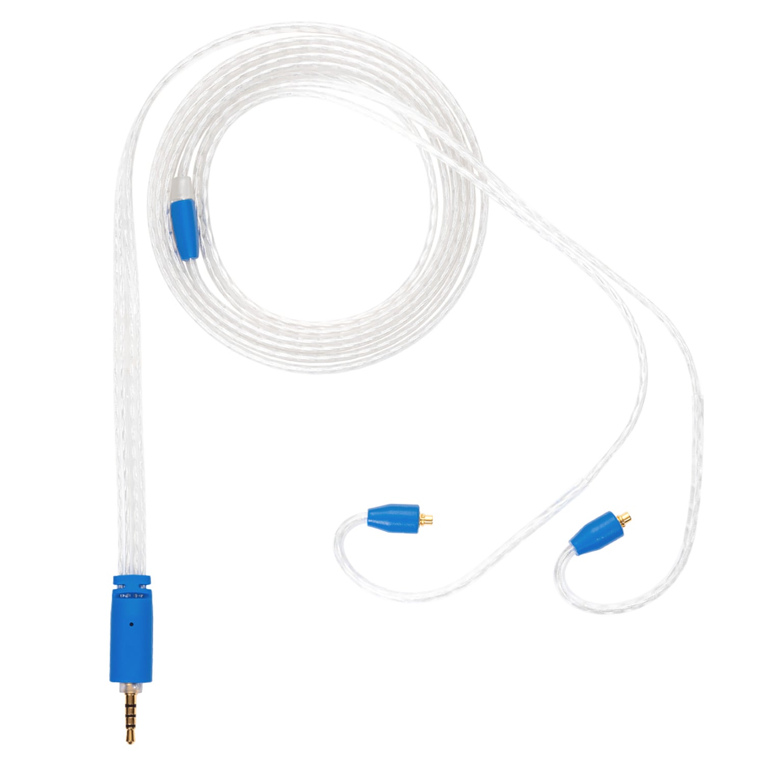 Campfire Time Stream Cable with braided clear wire and blue connectors including 3.5mm single-ended plug on white background