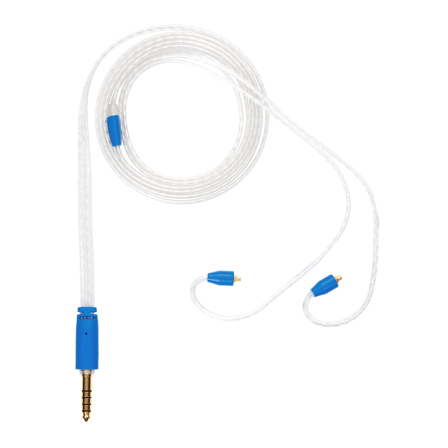 Campfire Time Stream Cable with blue connectors and clear braided cable on white background