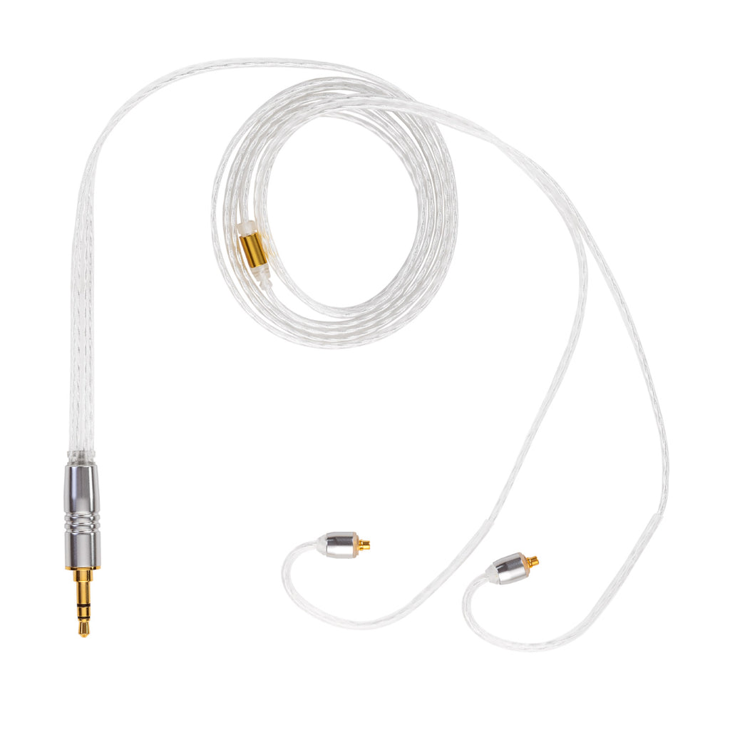 Campfire Time Stream Cable in transparent silver with 3.5mm connector and twin connectors for headphones on white background