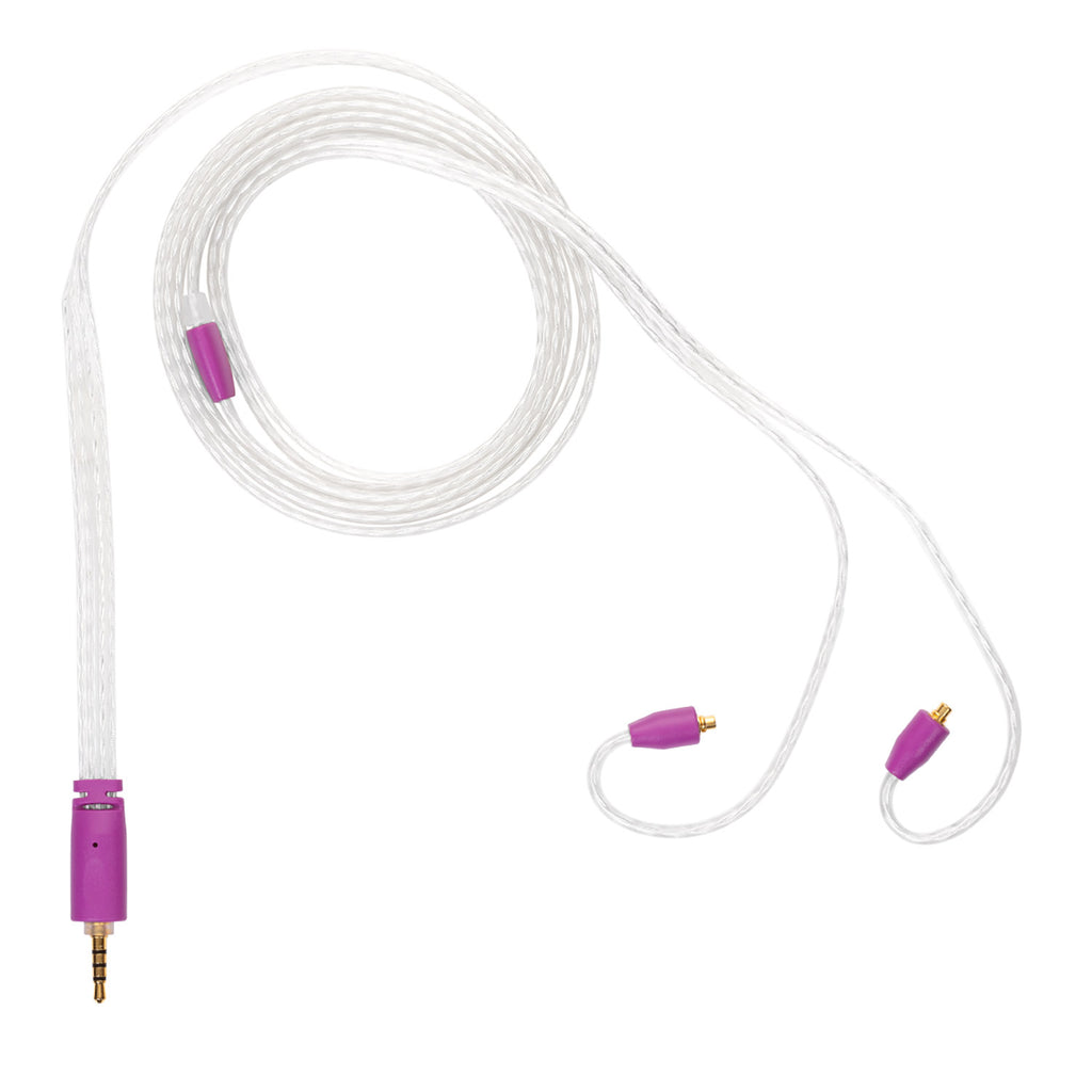 Campfire Time Stream Cable in clear with purple connectors and 3.5mm single-ended plug on white background