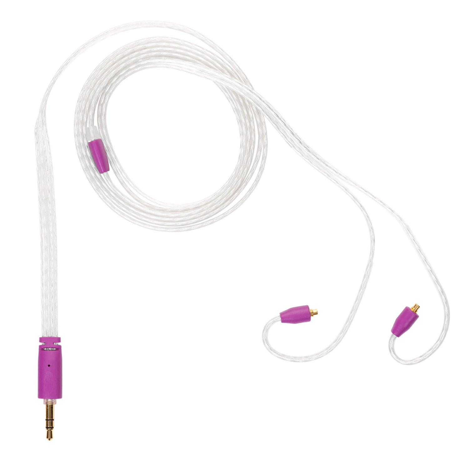 Campfire Time Stream Cable with translucent braided wire and purple connectors including 3.5mm plug on white background