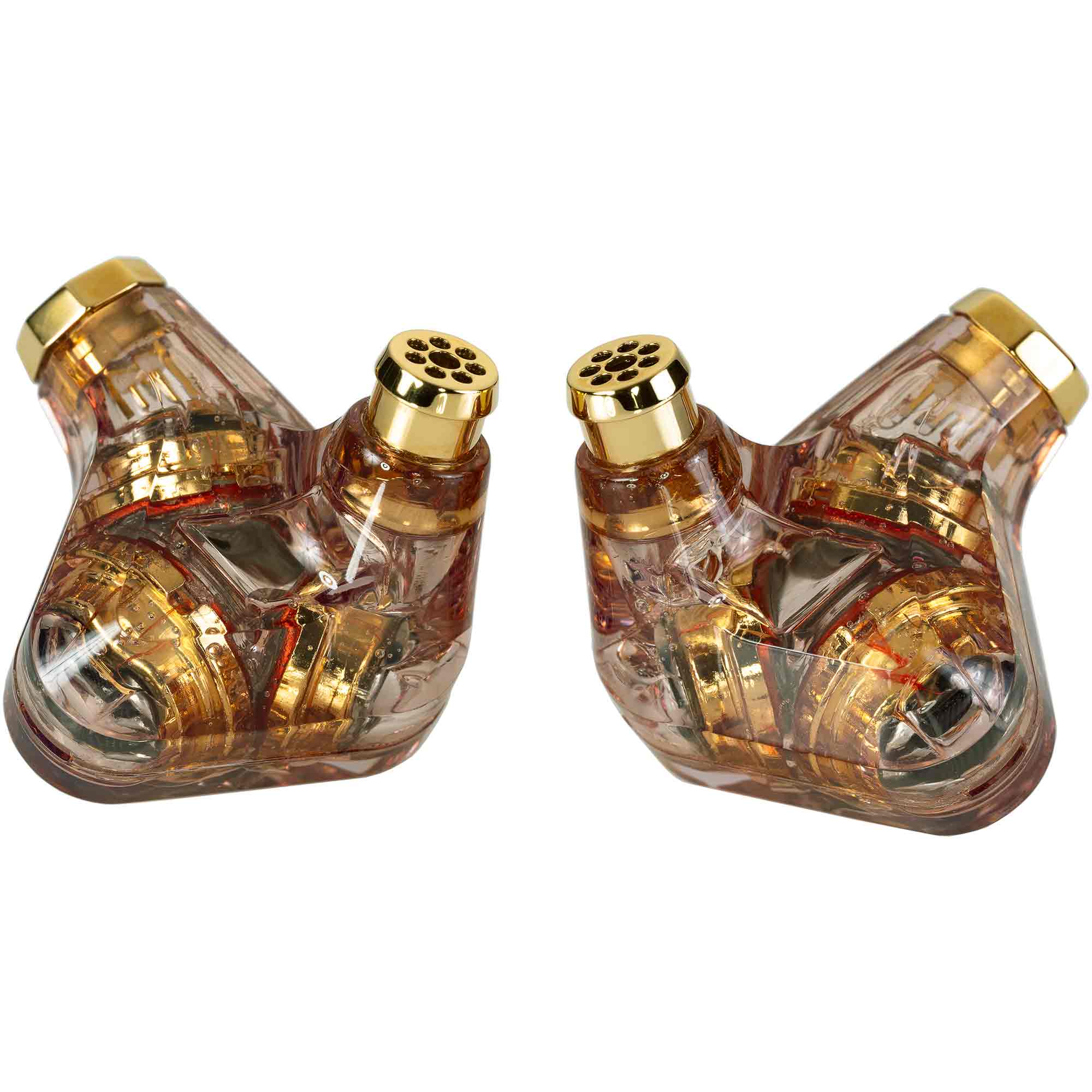 Campfire Trifecta 'Amber Radiance' - Flagship IEM close-up showing transparent amber housing and gold accents on white background