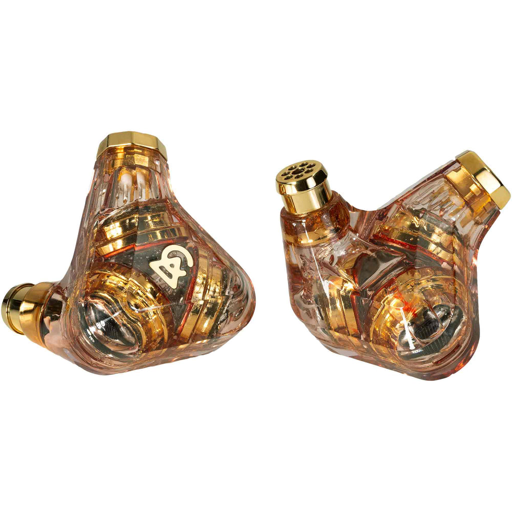 Campfire Trifecta 'Amber Radiance' - Flagship IEM showing transparent amber housing with gold accents and triple dynamic drivers visible