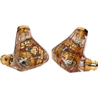 Campfire Trifecta 'Amber Radiance' - Flagship IEM with transparent amber casing and gold accents shown from two angles