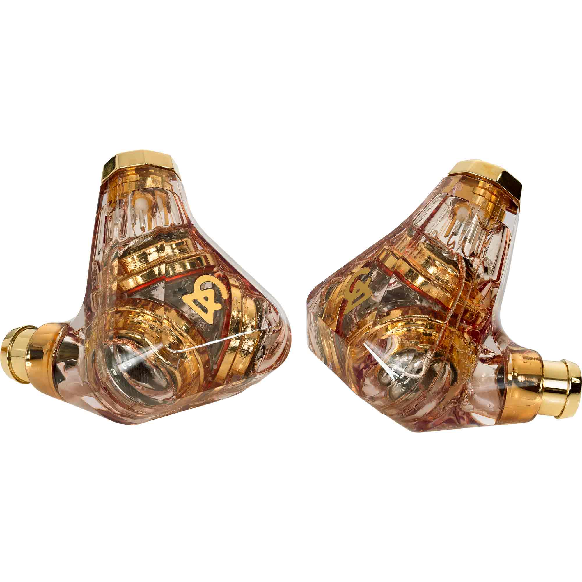 Campfire Trifecta 'Amber Radiance' - Flagship IEM with transparent amber casing and gold accents shown from two angles