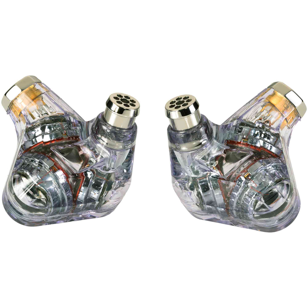 Campfire Trifecta 'Chrome Sky' - Flagship IEM with transparent shells showing triple dynamic drivers on white background