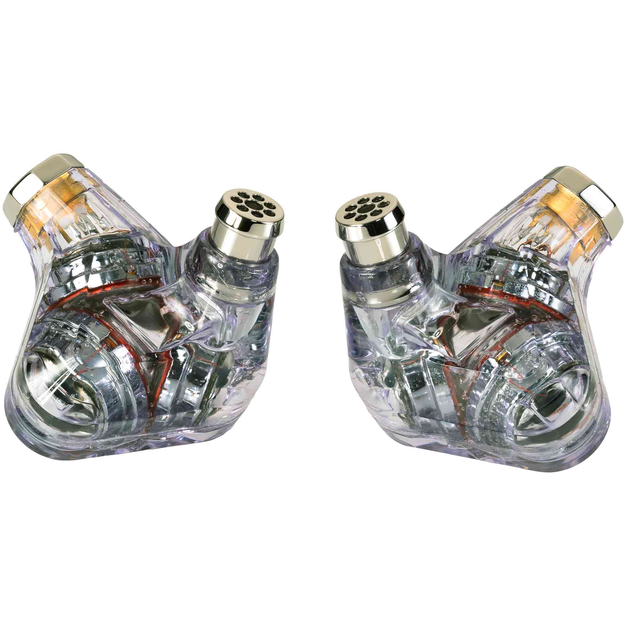 Campfire Trifecta 'Chrome Sky' - Flagship IEM with transparent shells showing triple dynamic drivers on white background