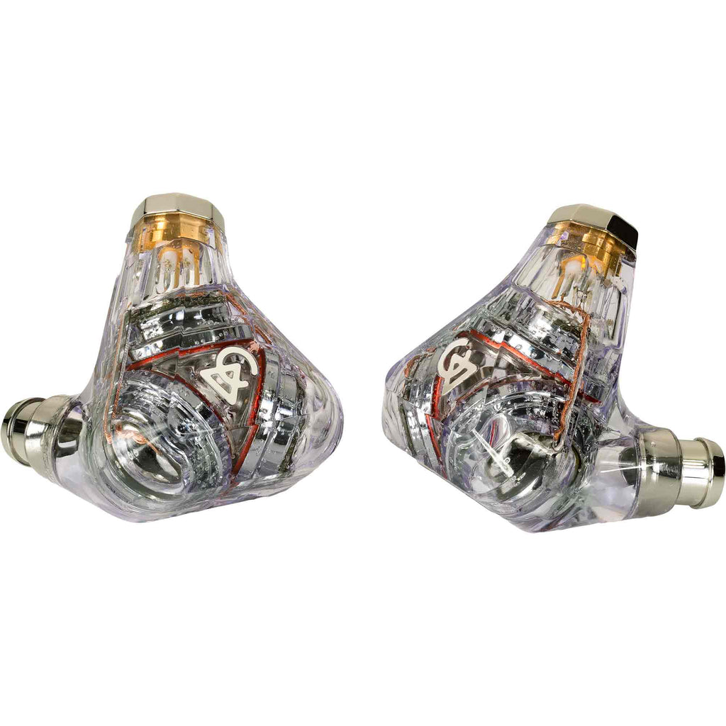 Campfire Trifecta 'Chrome Sky' - Flagship IEM with transparent housing showing internal triple dynamic drivers