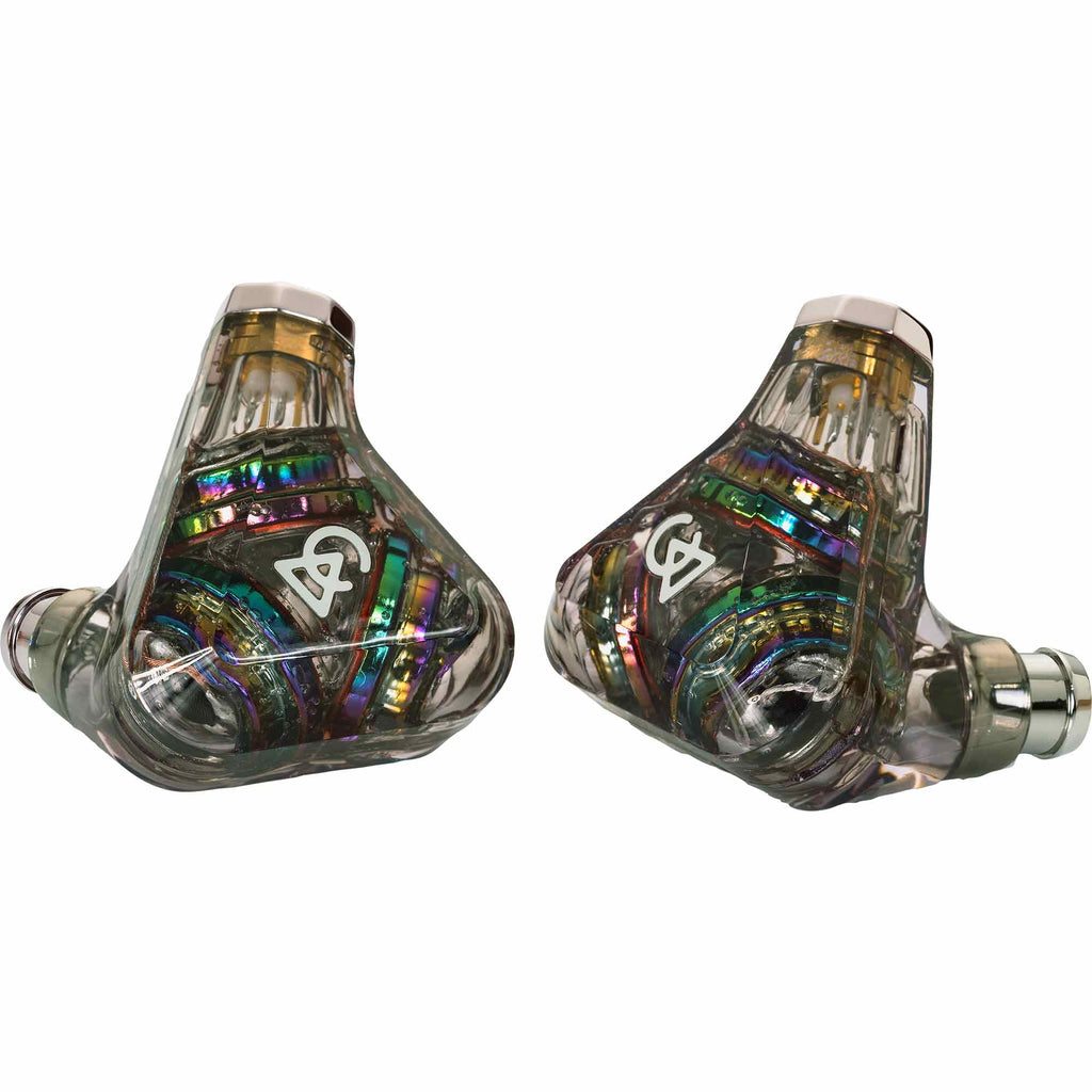 Close-up of Campfire Trifecta 'Dark Prism' - Flagship IEM with translucent multicolor design and white logo on each earpiece