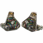 Close-up of Campfire Trifecta 'Dark Prism' - Flagship IEM with translucent multicolor design and white logo on each earpiece