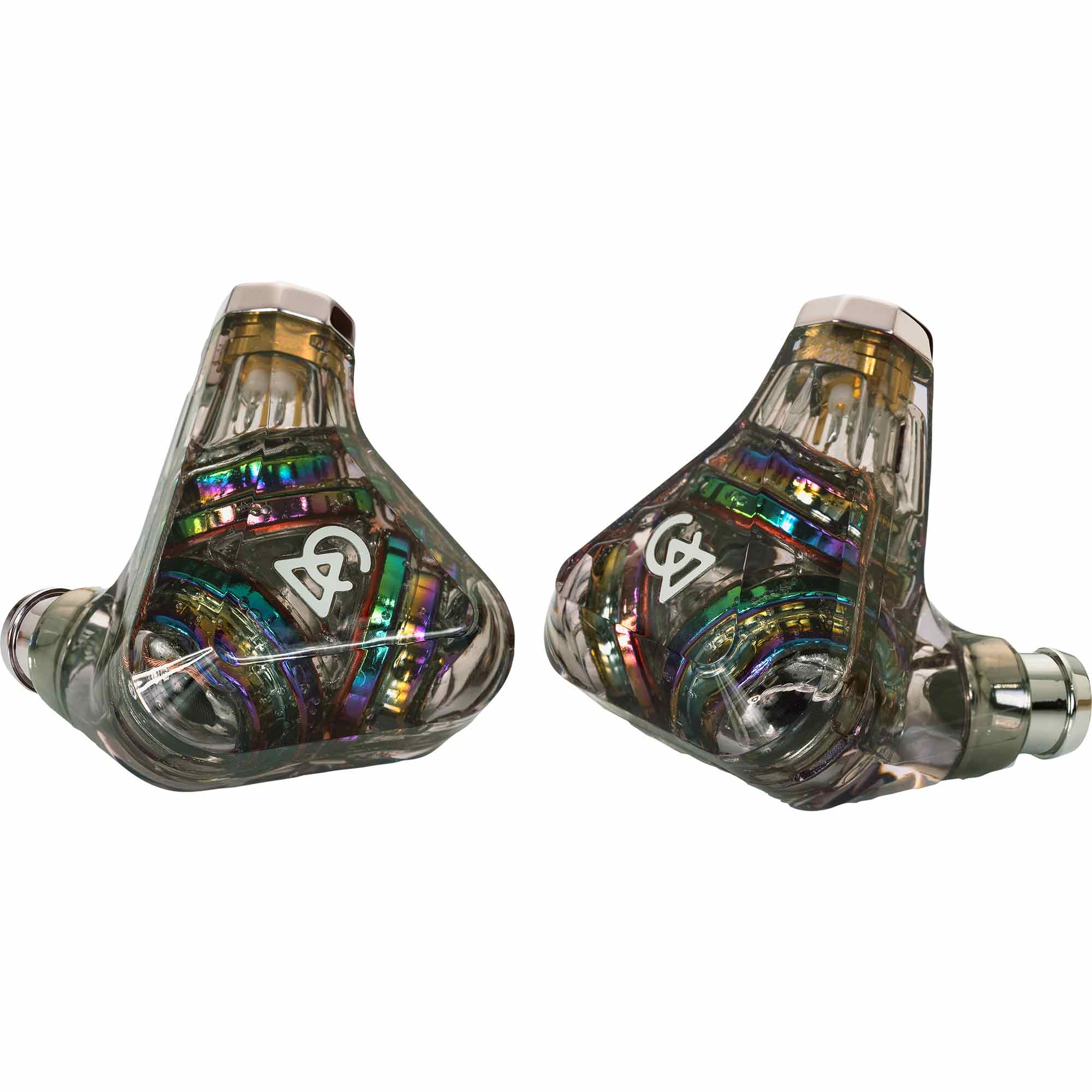 Close-up of Campfire Trifecta 'Dark Prism' - Flagship IEM with translucent multicolor design and white logo on each earpiece