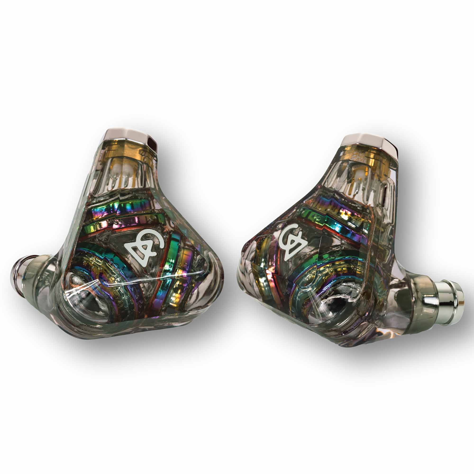 Pair of Campfire Trifecta 'Dark Prism' - Flagship IEM with transparent casing and colorful internal components on white background