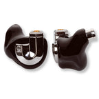 Close-up of Campfire Bonneville in ear monitors with glossy black 3D printed shells and metal accents on white background