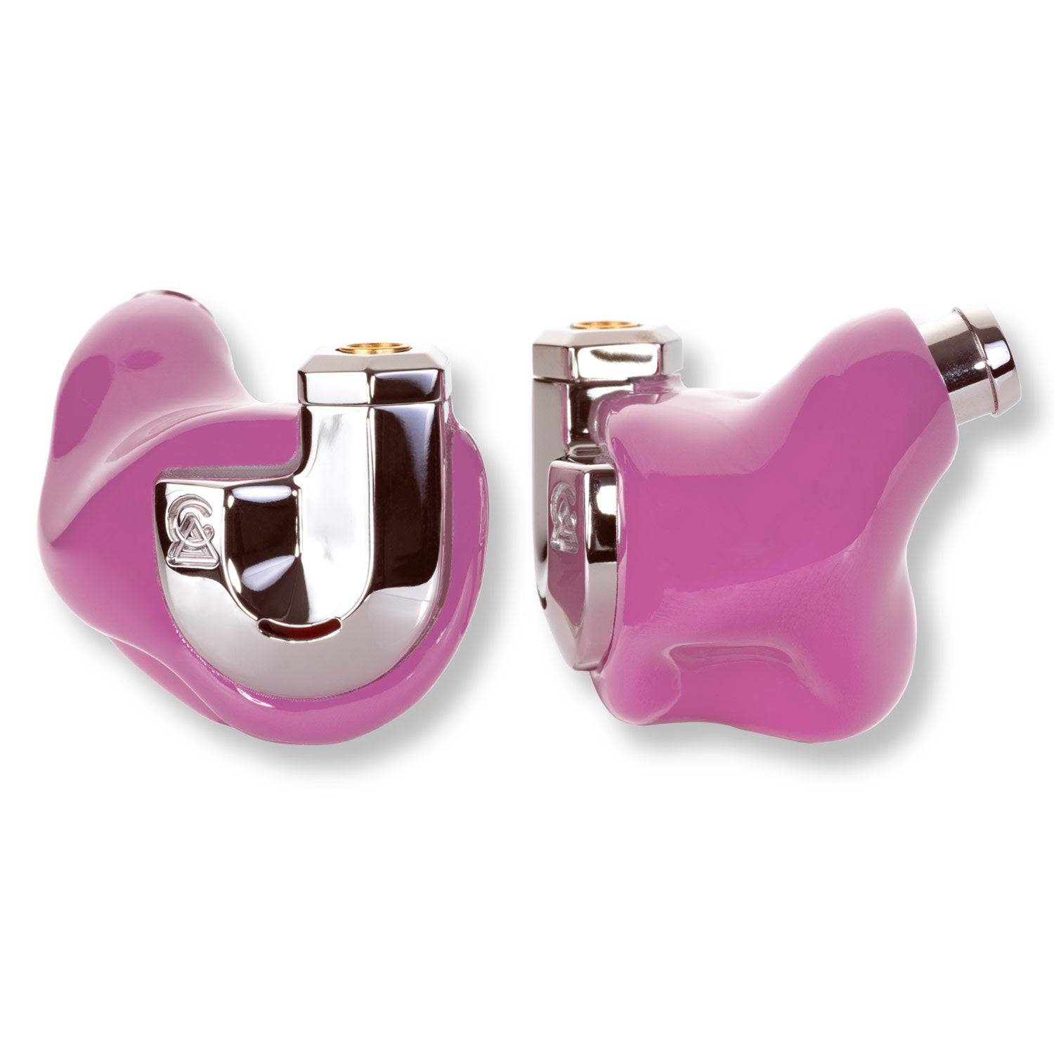 Campfire Bonneville in-ear monitors with custom 3D printed purple shells and polished metal accents on white background