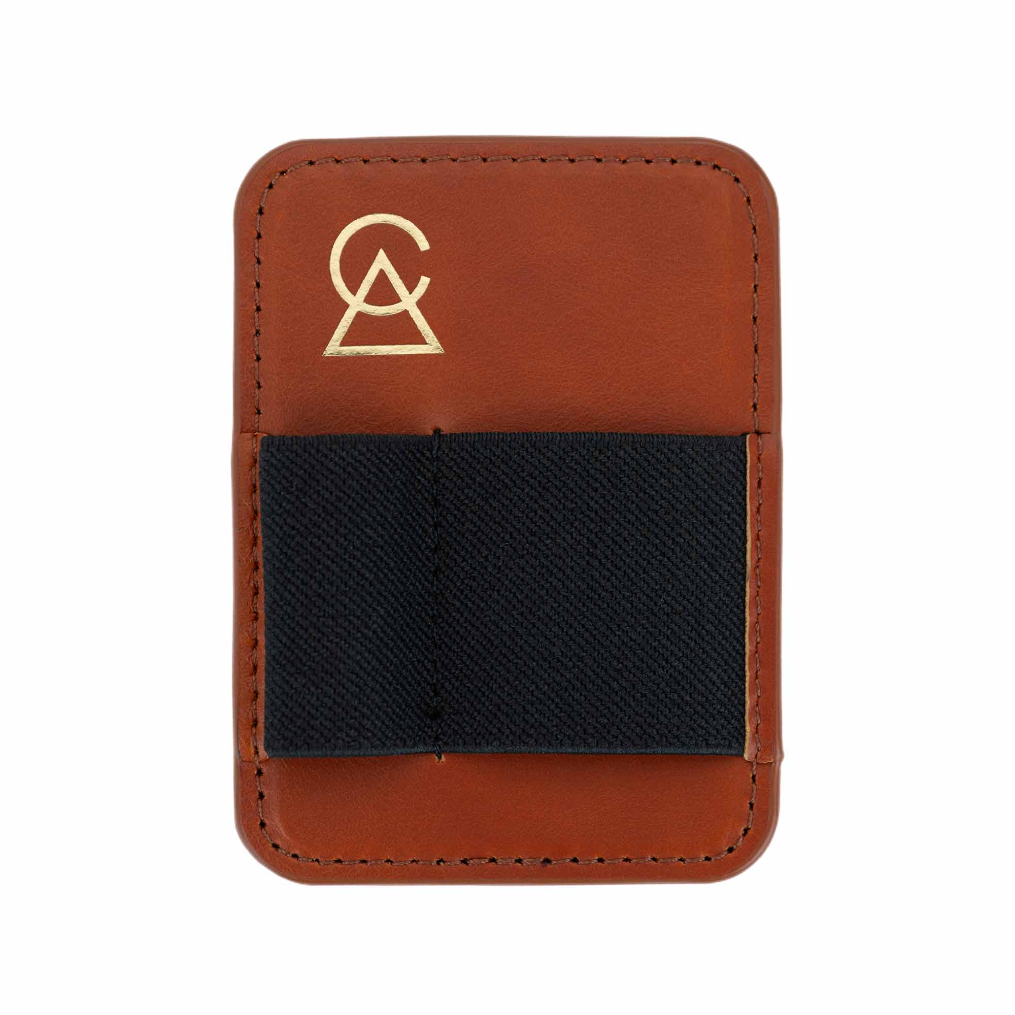 Campfire Audio Portable DAC Wallet with brown leather and black elastic holder on white background