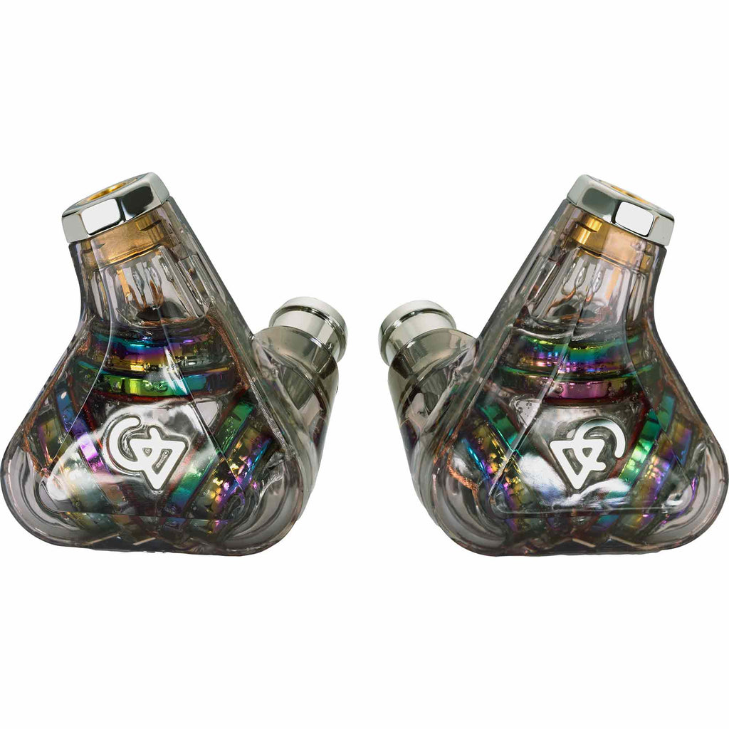 Pair of Campfire Trifecta 'Dark Prism' - Flagship IEM with transparent housings showing colorful internal components on white background