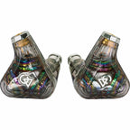 Pair of Campfire Trifecta 'Dark Prism' - Flagship IEM with transparent housings showing colorful internal components on white background