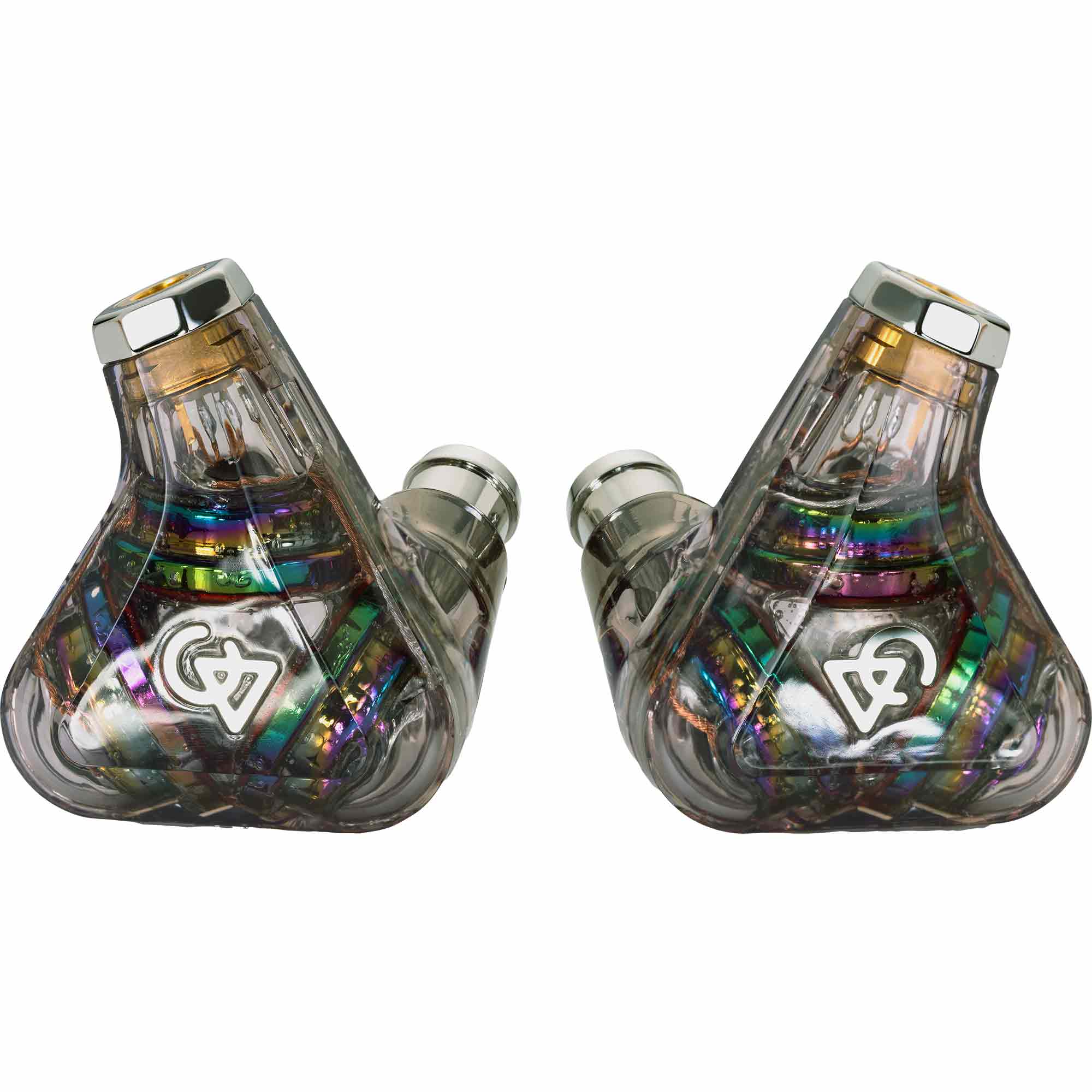 Pair of Campfire Trifecta 'Dark Prism' - Flagship IEM with transparent housings showing colorful internal components on white background