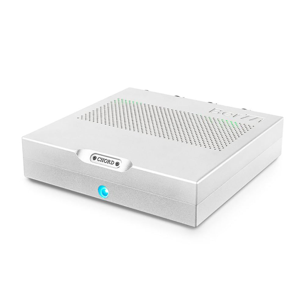 Chord BerTTi Stereo Power Amplifier in silver with perforated top panel and illuminated blue power indicator on white background