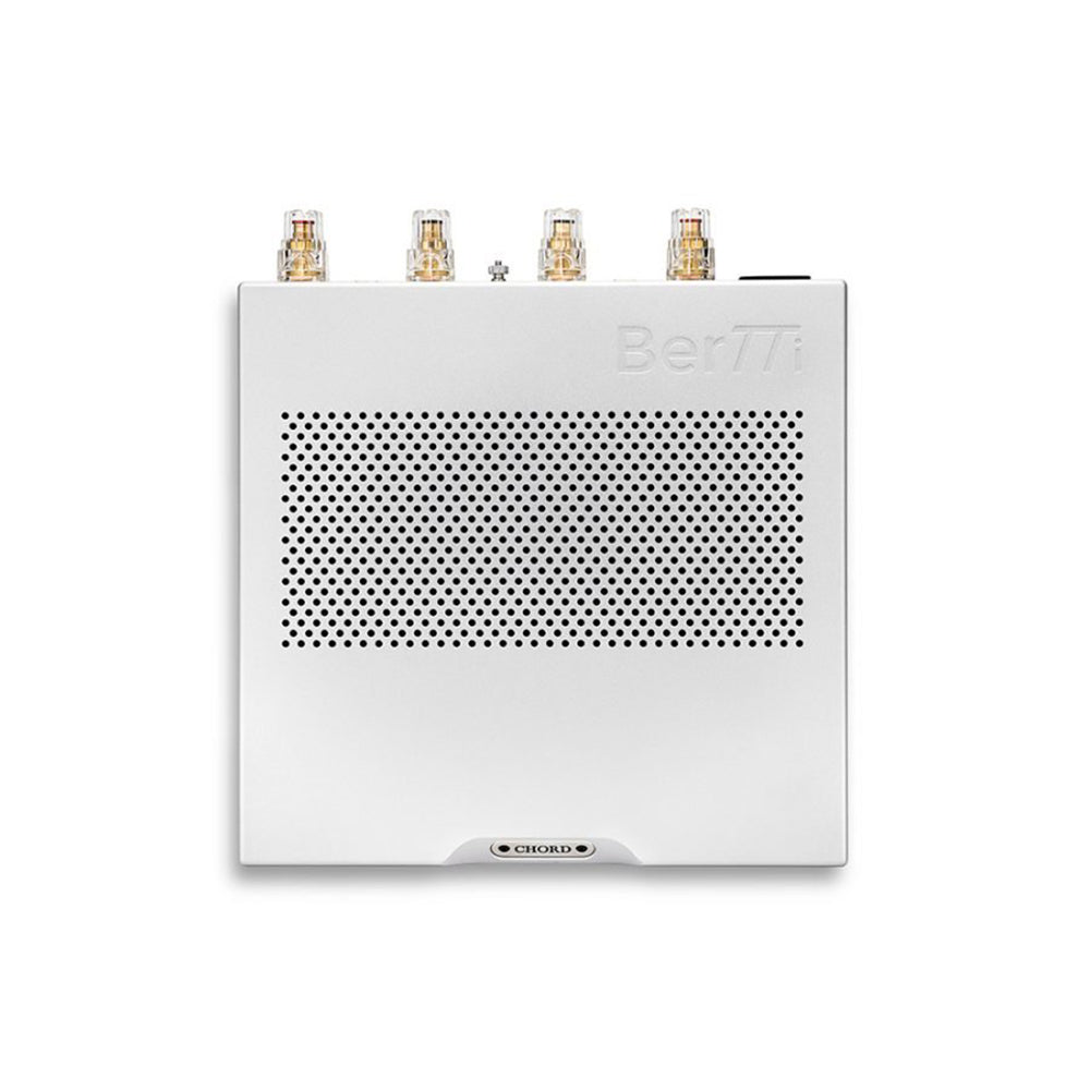 Top view of the white Chord BerTTi Stereo Power Amplifier with perforated top panel and gold speaker terminals