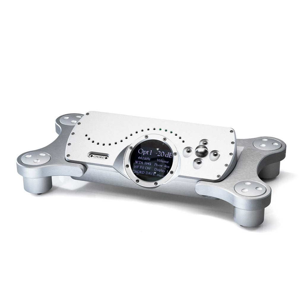 Chord Ensemble Stand System in silver finish displaying a digital audio player stacked securely on top