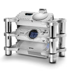 Silver Chord Ensemble Stand System holding stacked audio components with cylindrical supports on a white background