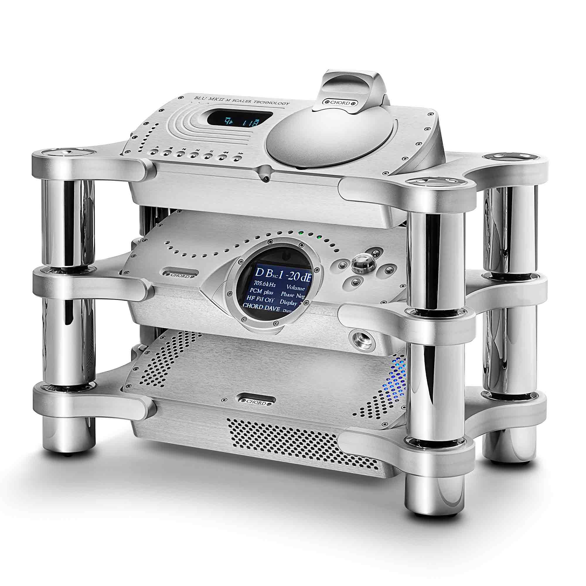 Silver Chord Ensemble Stand System holding stacked audio components with cylindrical supports on a white background