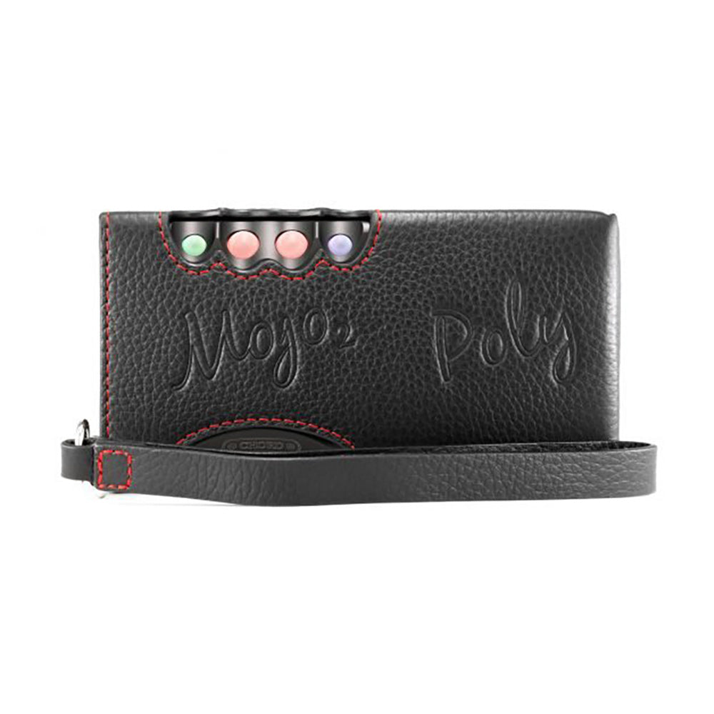 Chord Mojo 2 / Poly Premium Leather Case in black with red stitching and embossed Mojo Poly text with wrist strap on white background