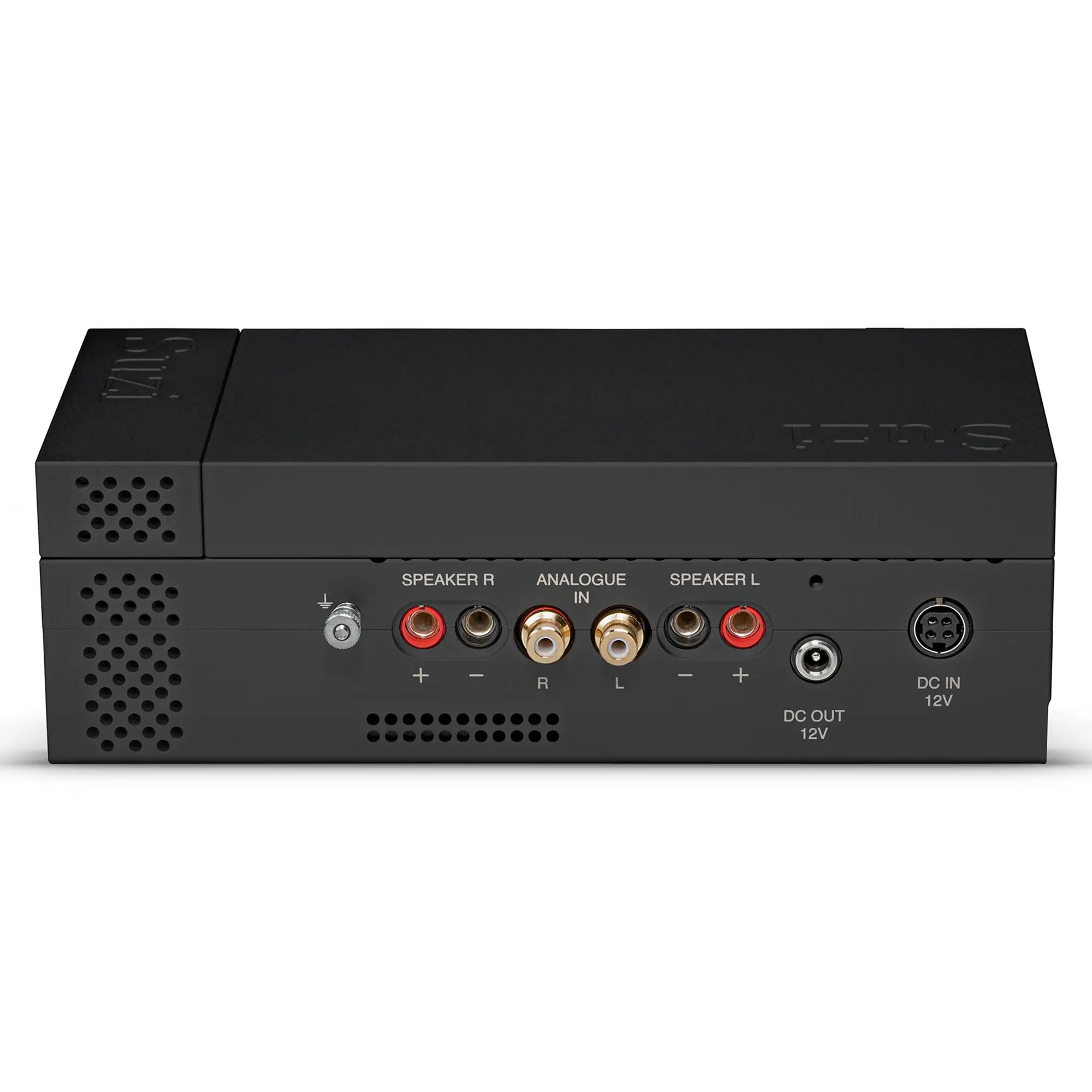 Rear view of the Chord Suzi Modular Stereo Power Amplifier showing speaker and analog input ports on a white background